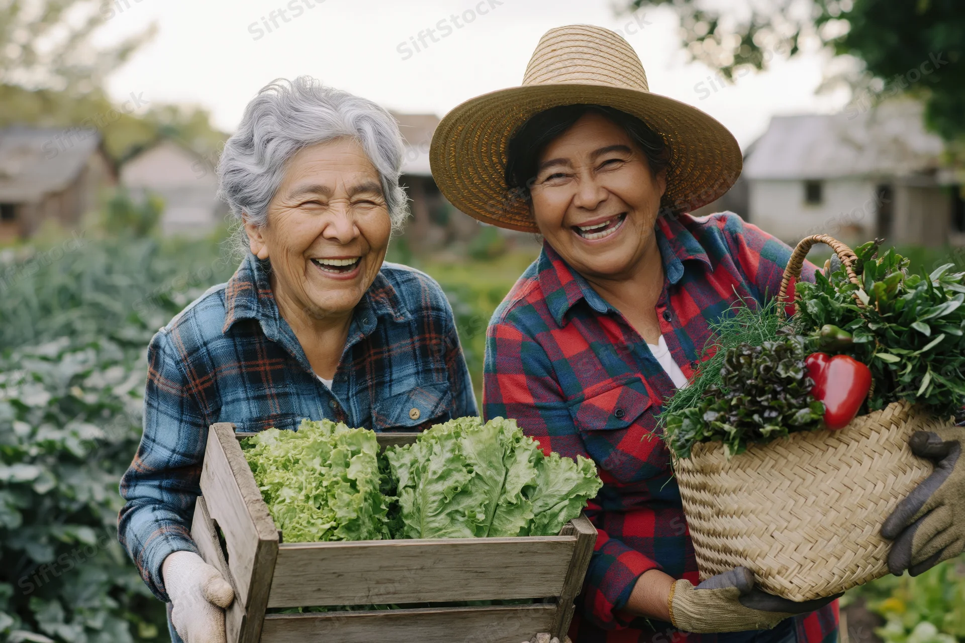 Two older latina women laughing while holding baskets of fresh vegetables in a community garden