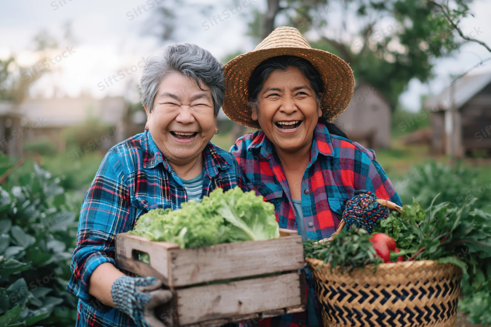 Two older latina women laughing while holding baskets of fresh vegetables in a community garden