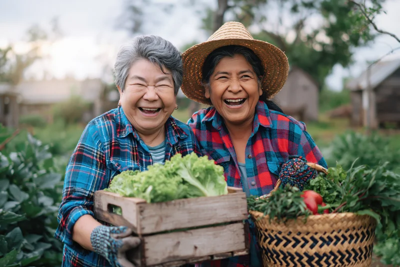 Two older latina women laughing while holding baskets of fresh vegetables in a community garden