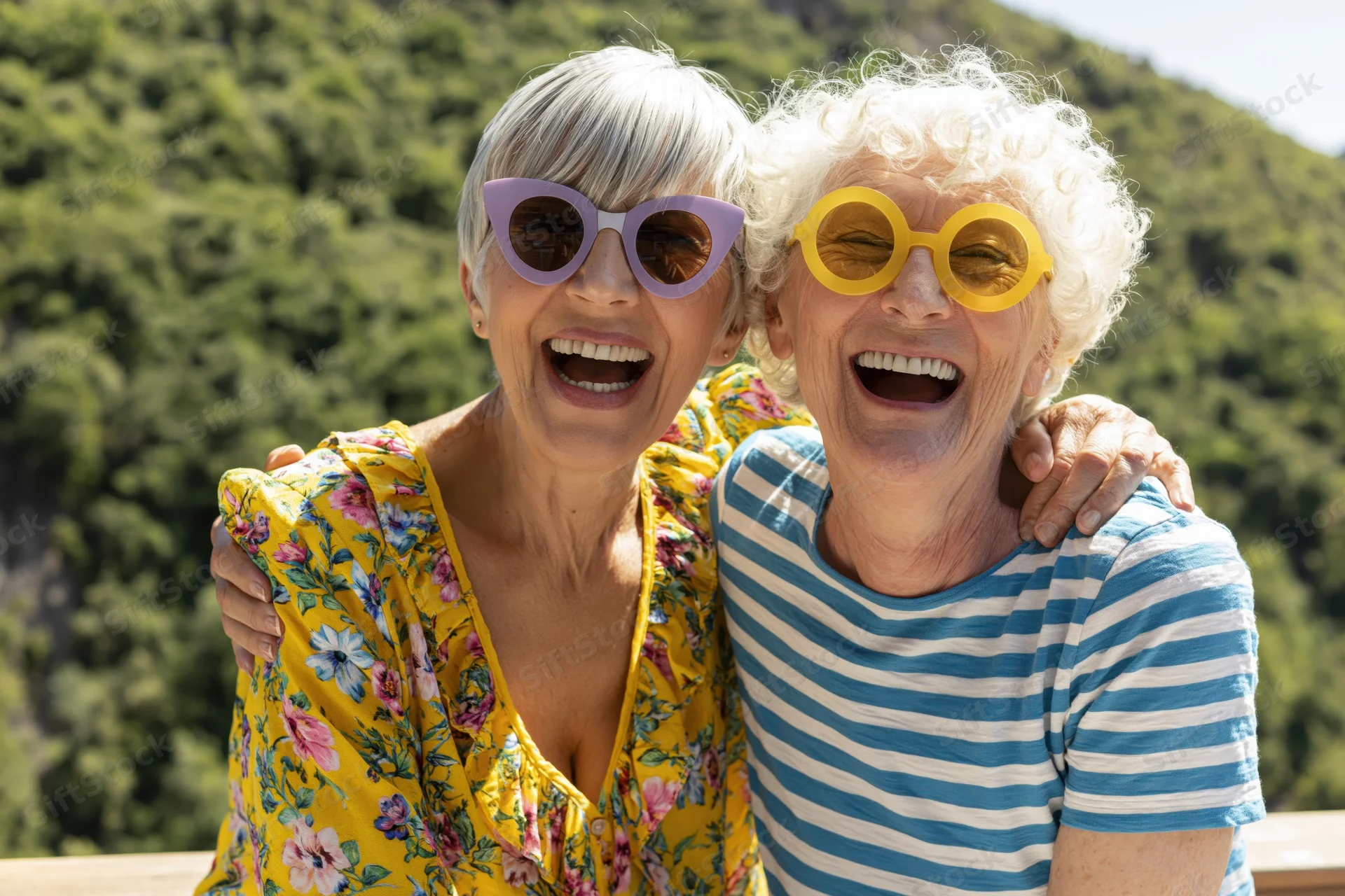 Two senior women laughing together outdoors on a terrace with arms around each other
