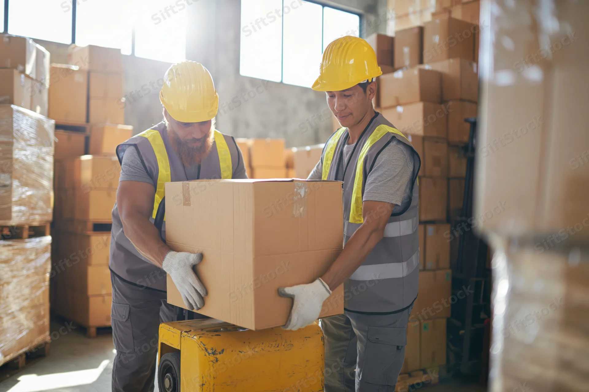Two men in hard hats and reflective vests lifting a cardboard box onto a pallet jack in a warehouse