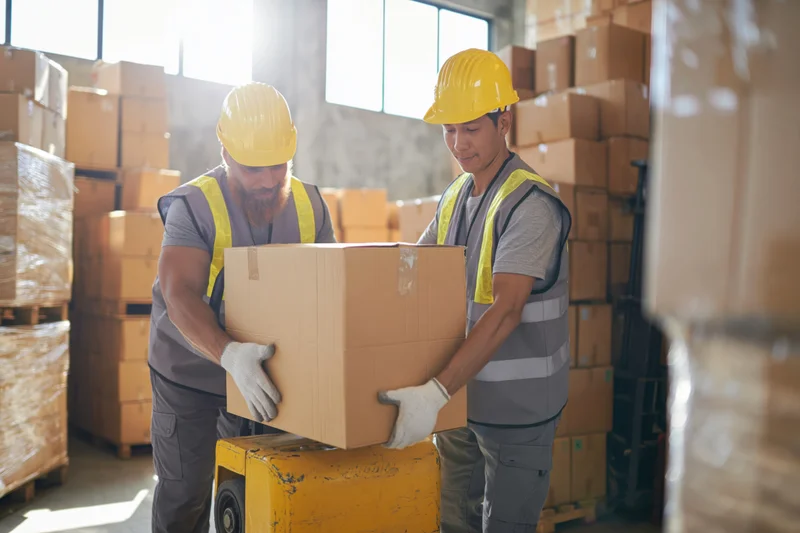 Two men in hard hats and reflective vests lifting a cardboard box onto a pallet jack in a warehouse
