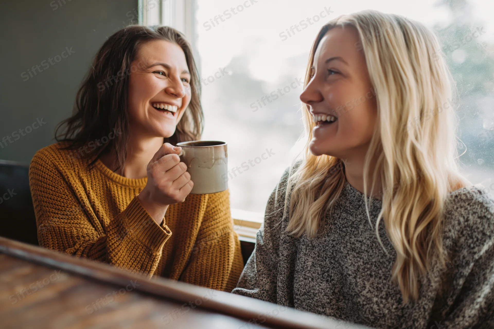 Two women laughing together at a cafe counter, one holding a coffee mug