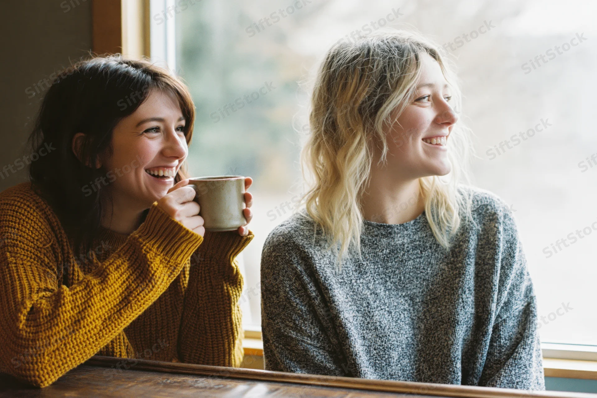 Two women laughing together at a cafe counter holding a coffee mug
