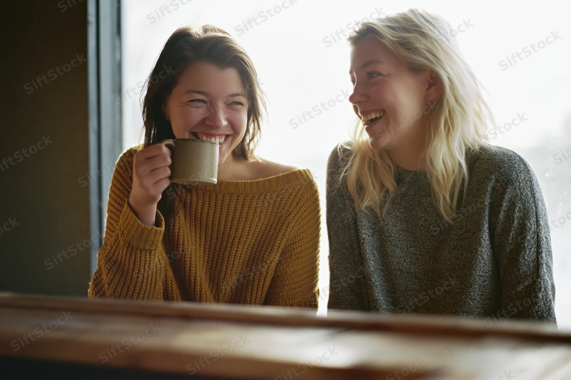 Two women laughing together at a cafe counter holding a coffee mug
