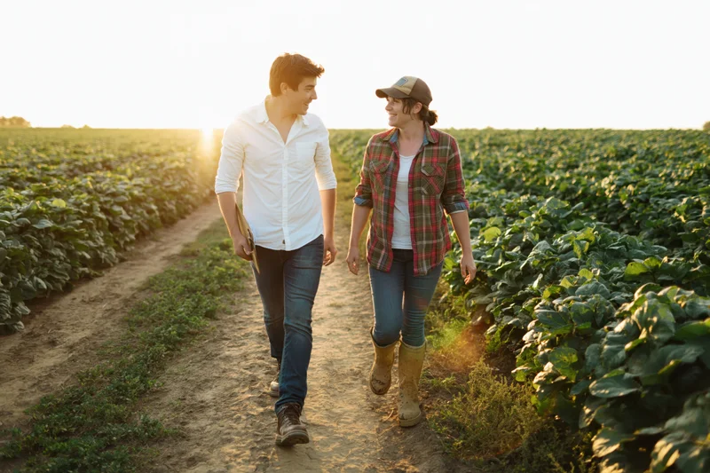 Two young farmers walking together along dirtpath between fields