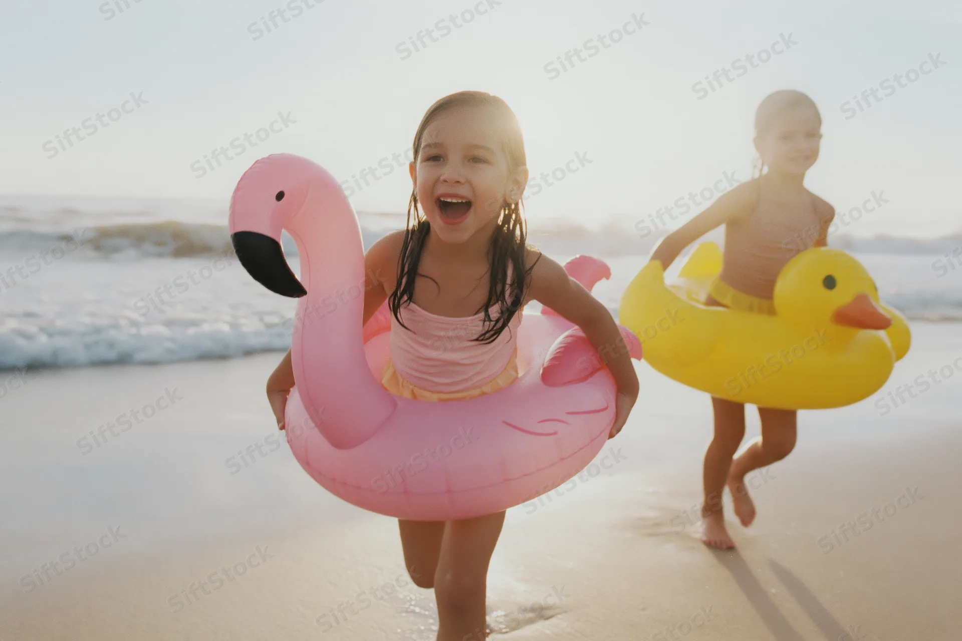 Two young girls running on wet sand with inflatable flamingo and duck floats at the beach