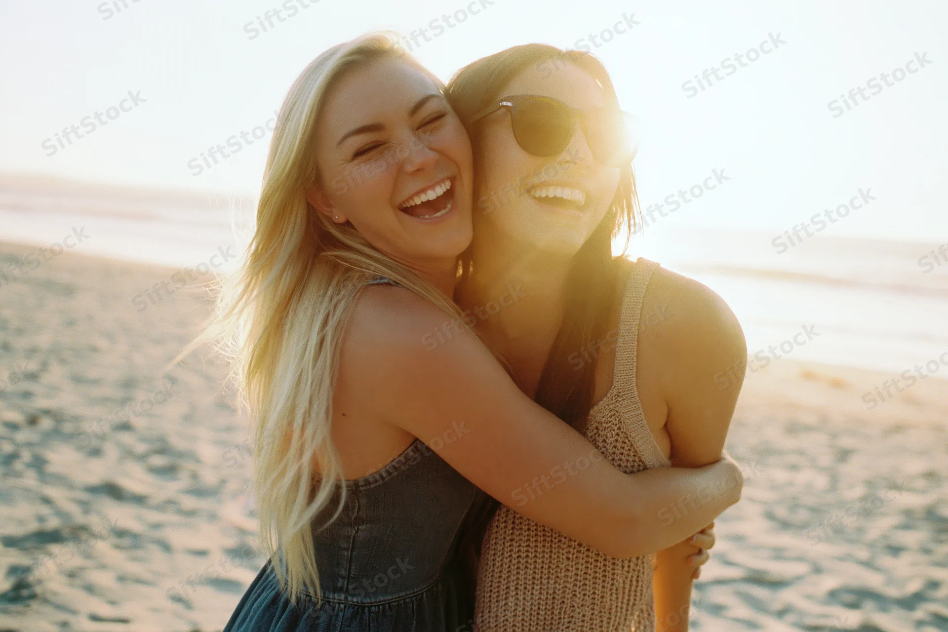 Two young women laughing and hugging on a sandy beach at sunset