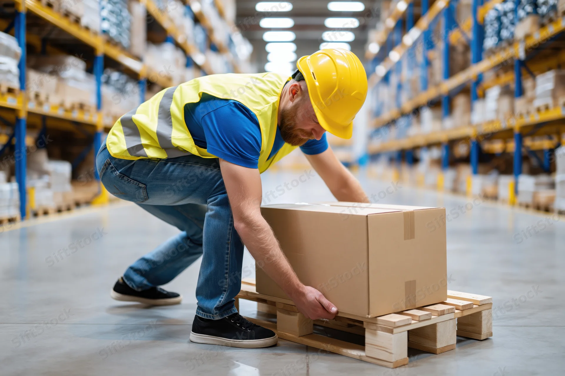 Warehouse worker lifting cardboard box from wooden pallet in storage facility