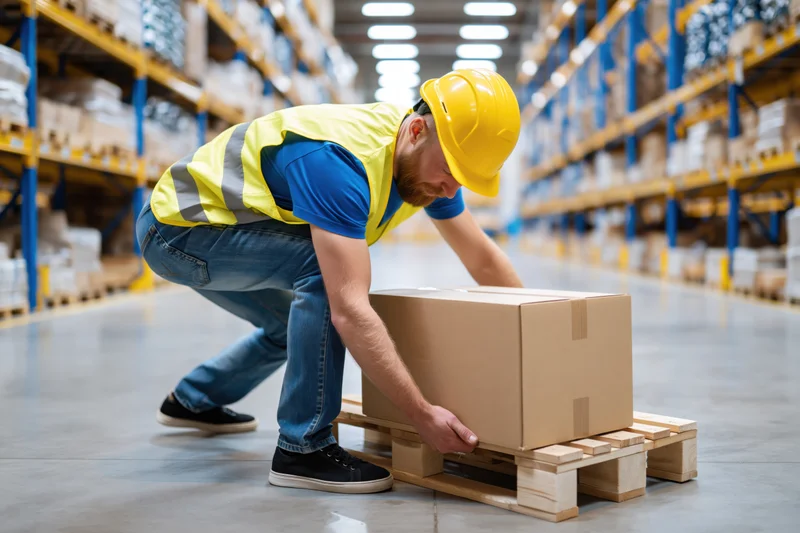 Warehouse worker lifting cardboard box from wooden pallet in storage facility