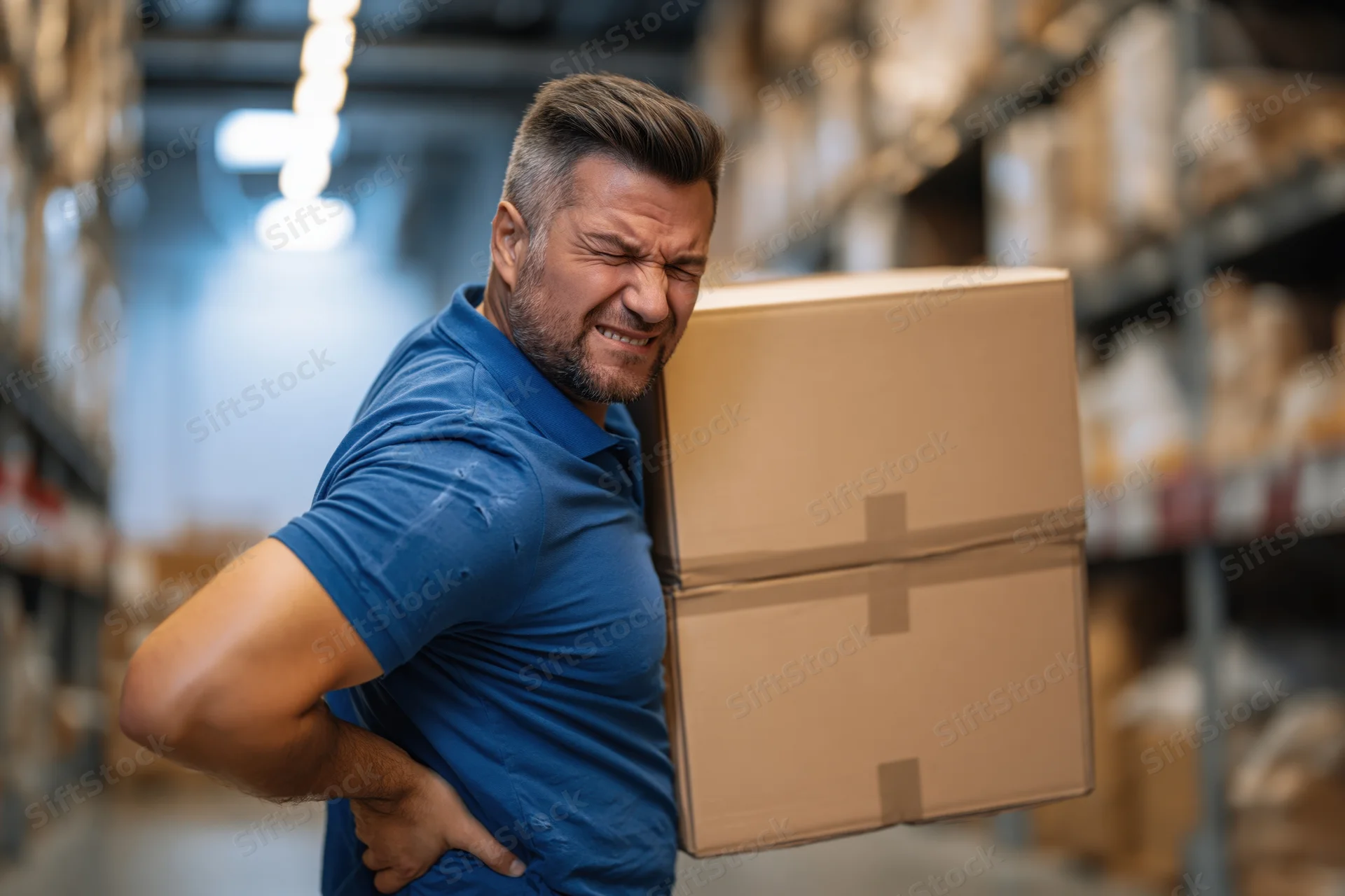 Warehouse worker grimacing in pain while lifting heavy cardboard box in warehouse