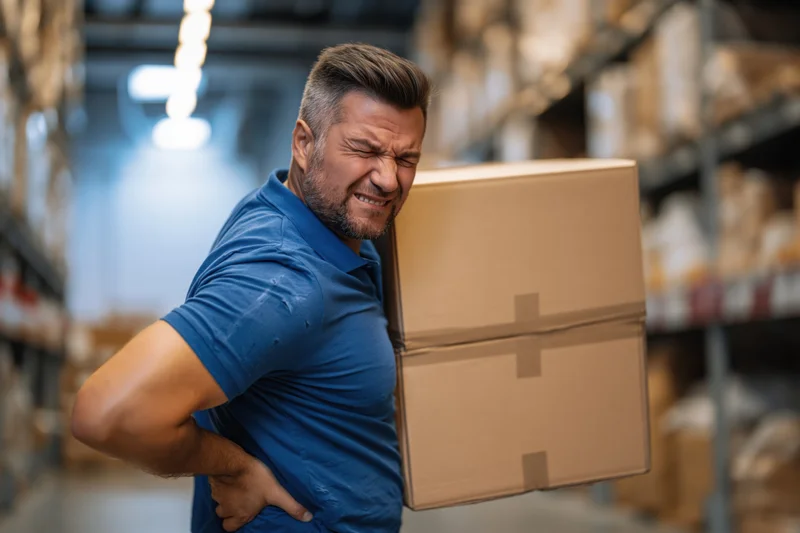Warehouse worker grimacing in pain while lifting heavy cardboard box in warehouse