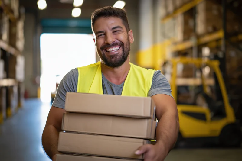 Smiling warehouse worker carrying stack of cardboard boxes in warehouse aisle