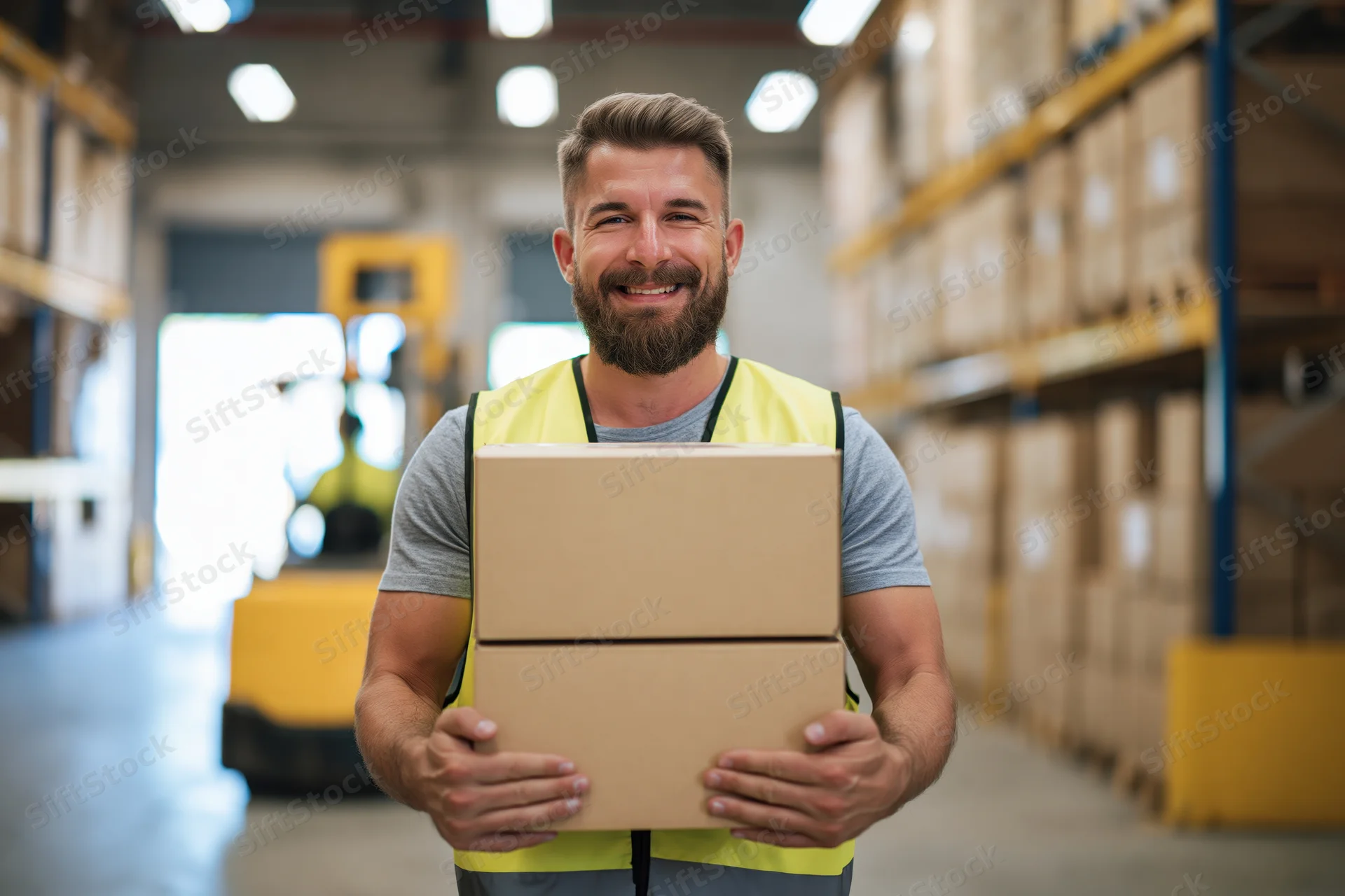 Smiling warehouse worker holding stack of cardboard boxes in distribution center