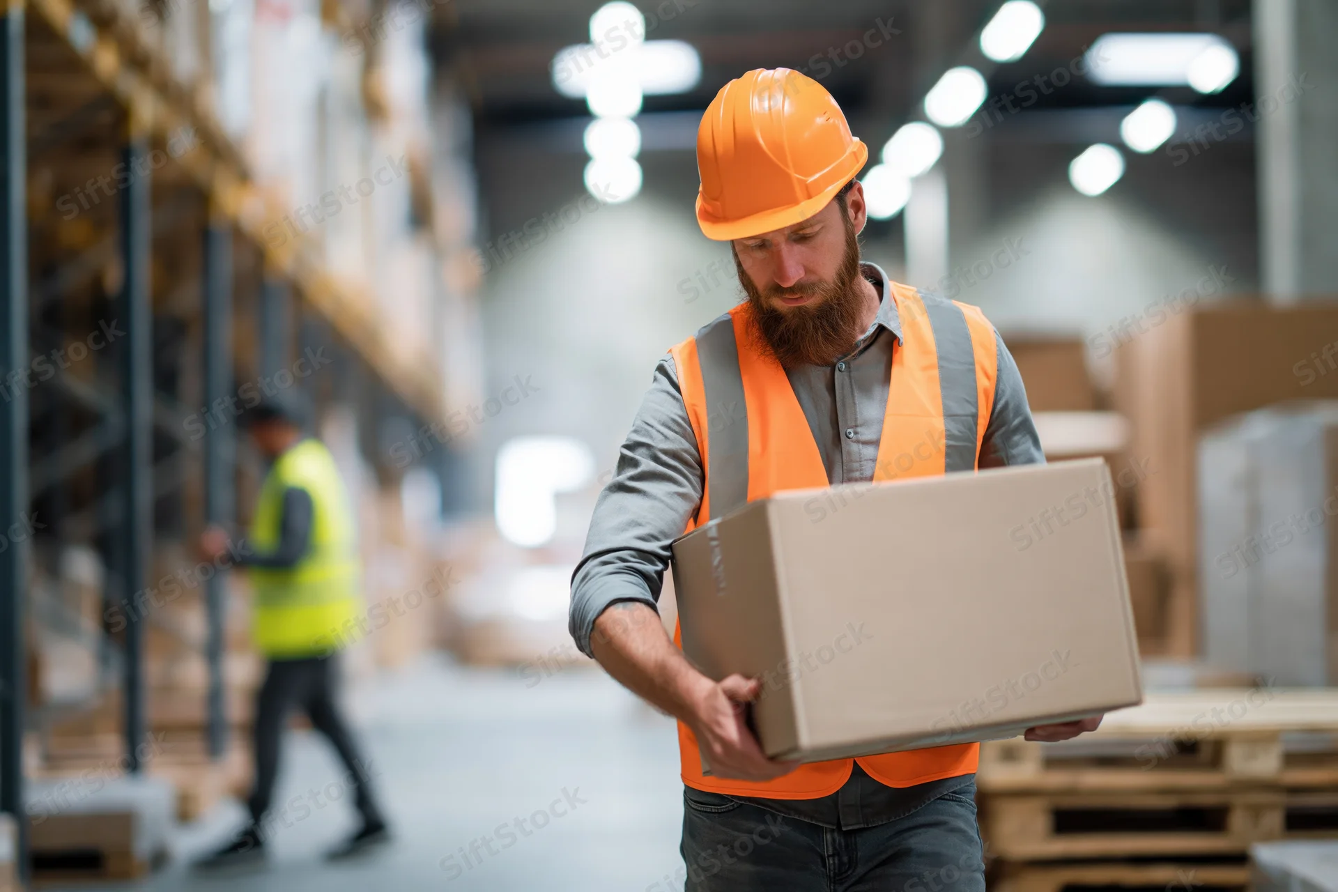 Man in orange hardhat and highvisibility vest carrying cardboard box in warehouse interior