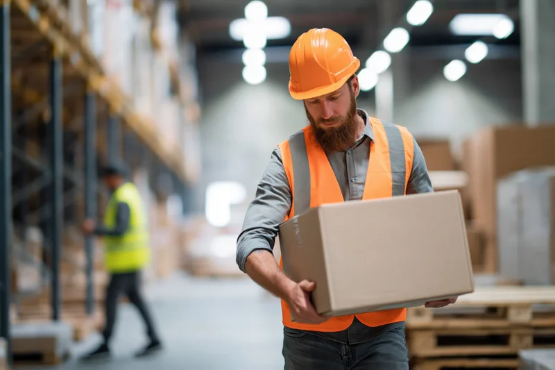 Man in orange hardhat and highvisibility vest carrying cardboard box in warehouse interior