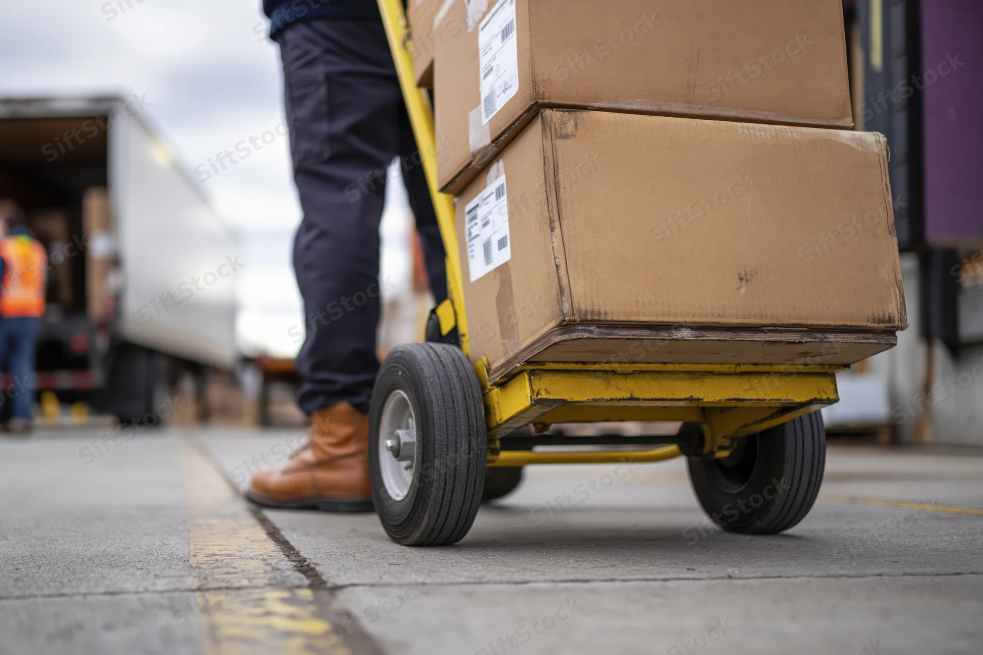 Warehouse worker pushing a yellow hand truck stacked with cardboard boxes on a loading dock