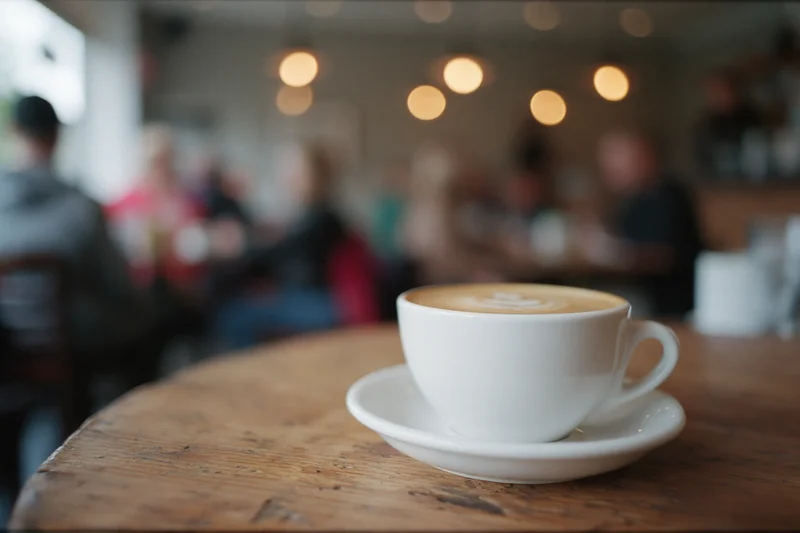White ceramic latte cup with foam art on wooden table in cafe interior