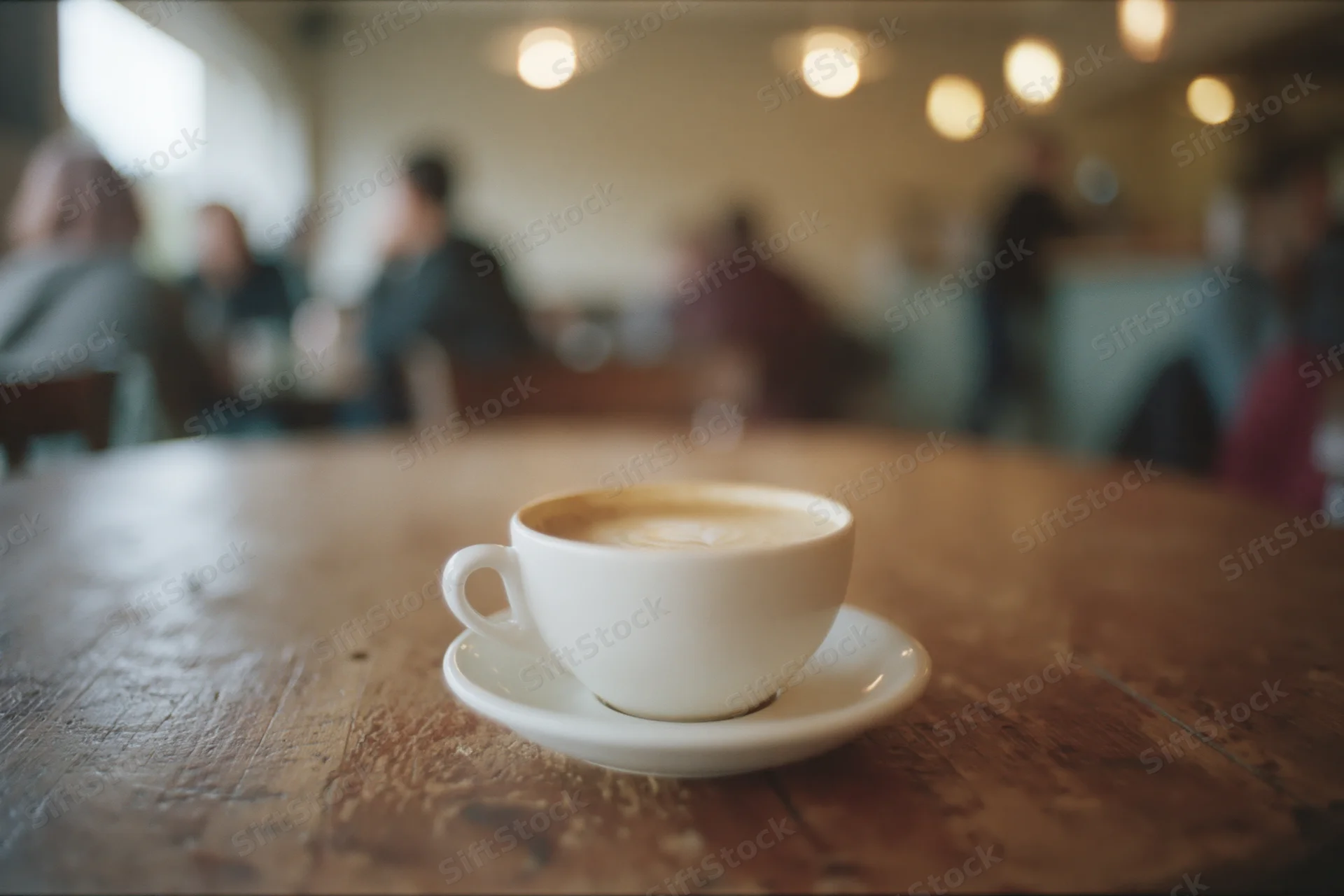 White ceramic latte cup with foam art on wooden table in cafe interior