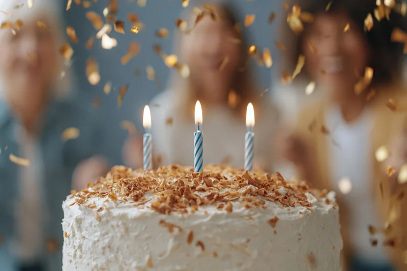 White frosted birthday cake with three lit blue-striped candles and falling golden confetti, with blurred women celebrating in the background