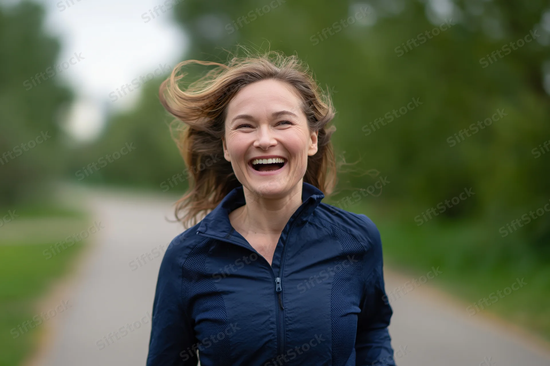 Woman jogging on a paved park path smiling with windblown hair