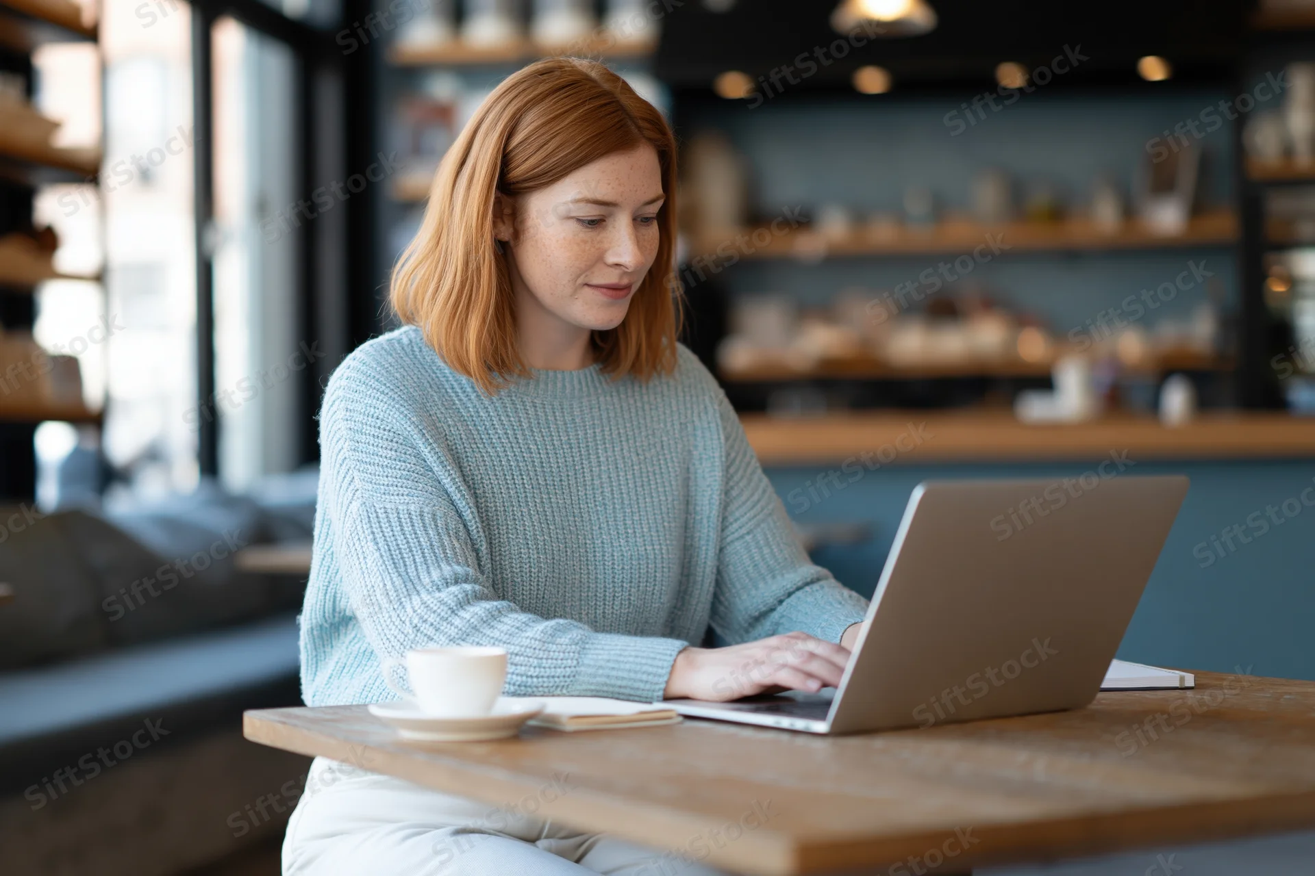 Woman working on laptop at wooden table in cafe with coffee cup nearby