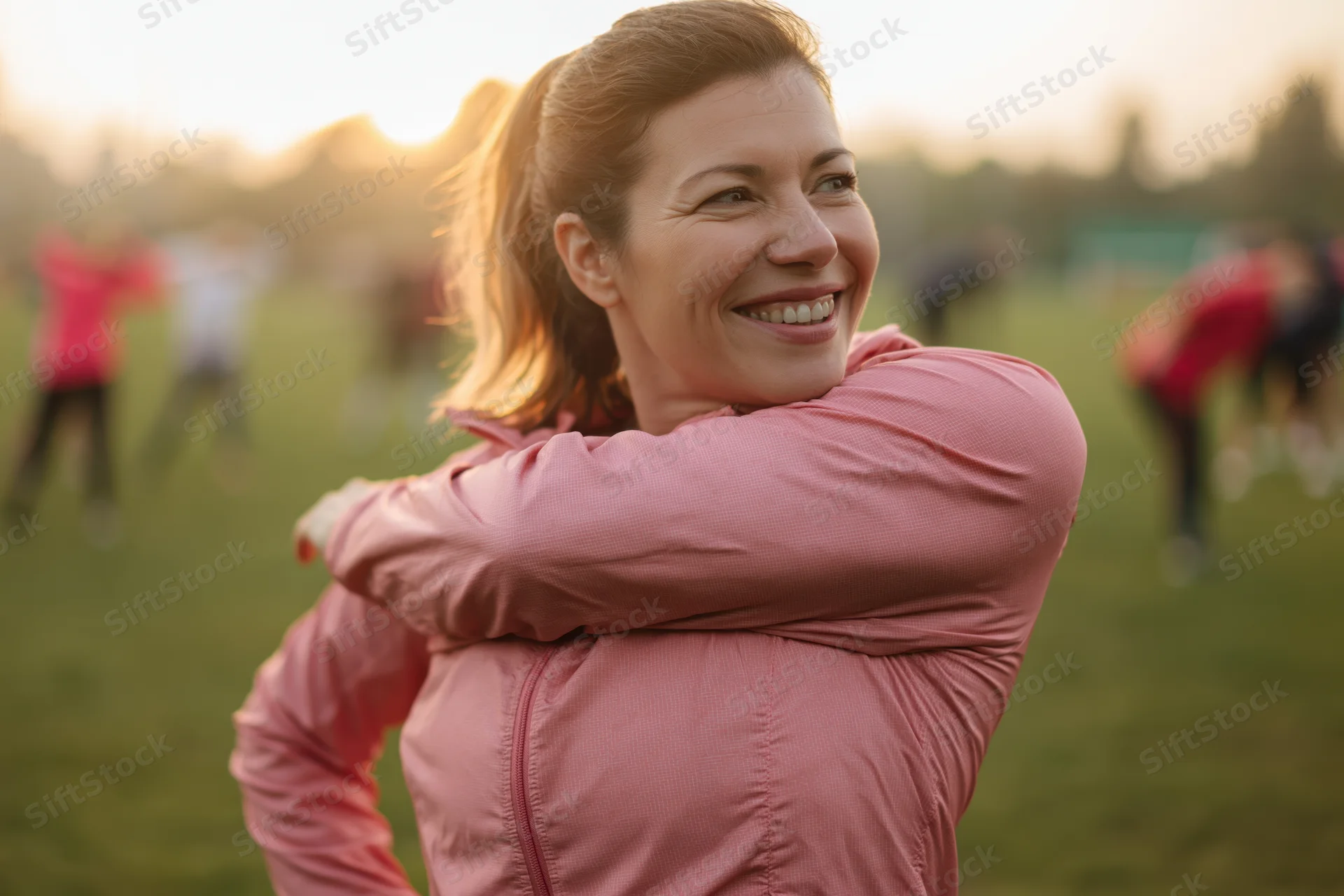 Woman stretching her arm across her chest in a park during sunset