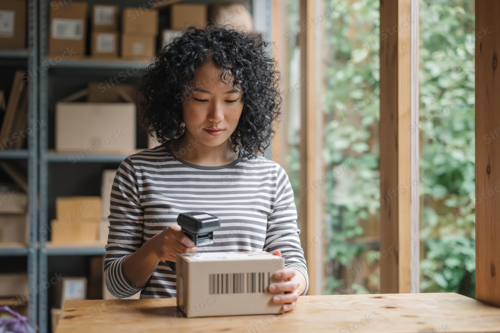 Woman scanning barcode on box at wooden desk in warehouse with shelves and window view