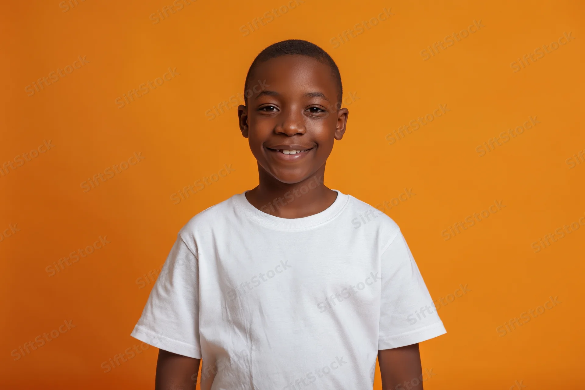 Young black boy smiling in white tshirt against orange background