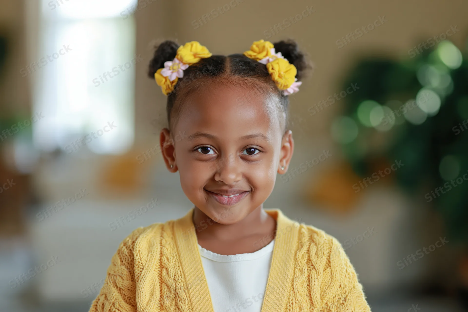 Young black girl smiling warmly at camera in yellow knit cardigan indoors