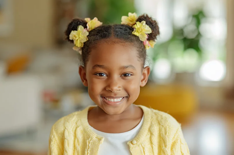 Young black girl smiling warmly at the camera in a home kitchen setting