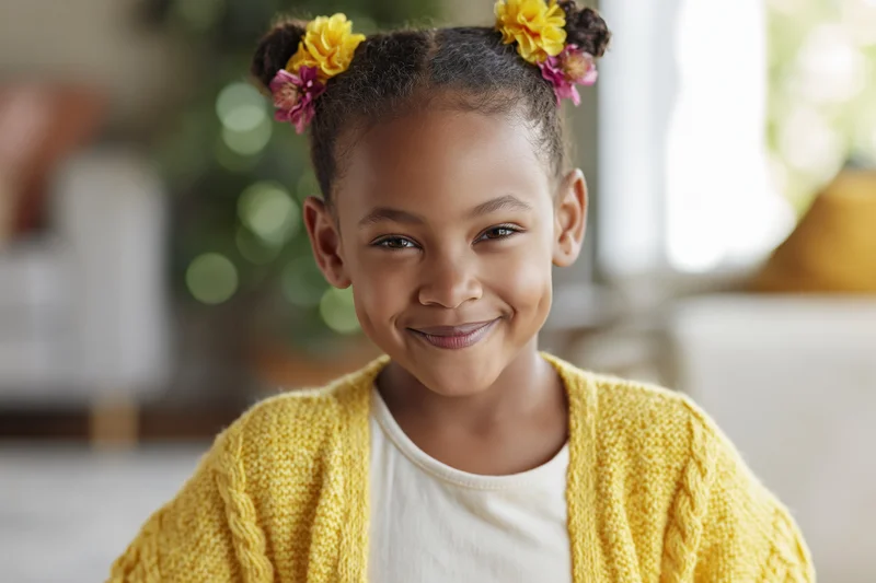 Young black girl smiling warmly at the camera in a cozy home setting wearing a yellow knit cardigan over a white tshirt with floral hair decorations