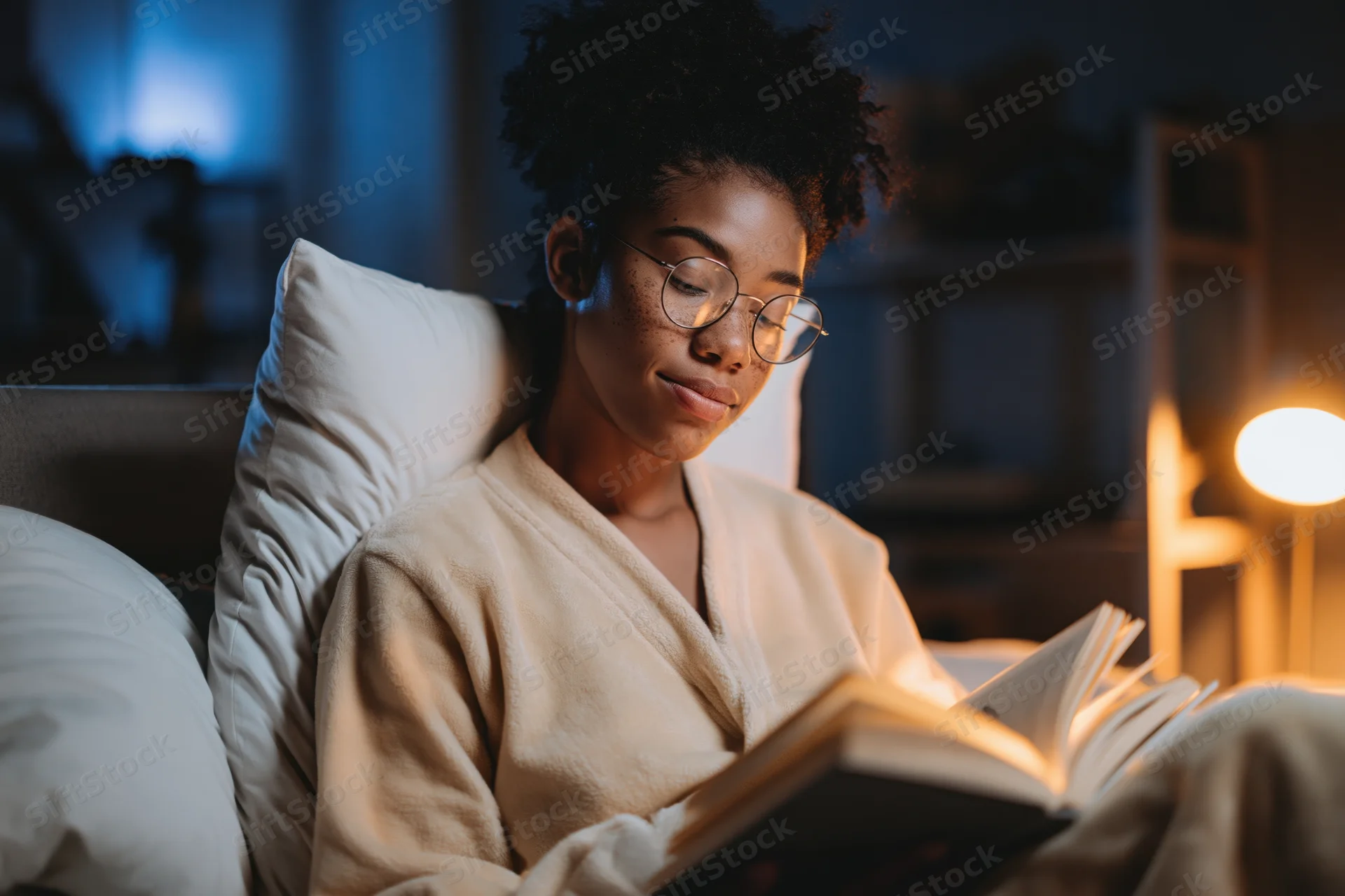 Young black woman reading a book in bed at night with a lamp beside her
