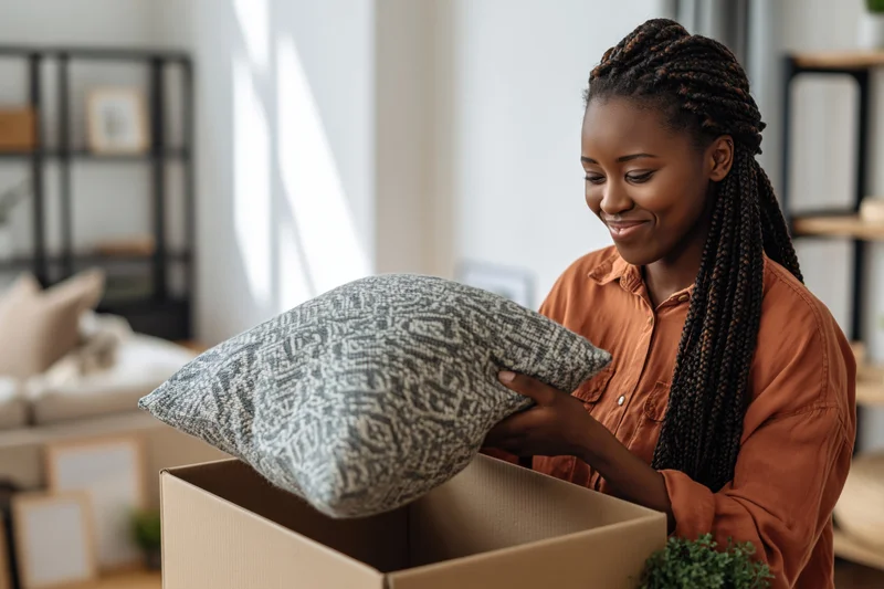 Young black woman unpacking a cushion from a cardboard box in a bright living room