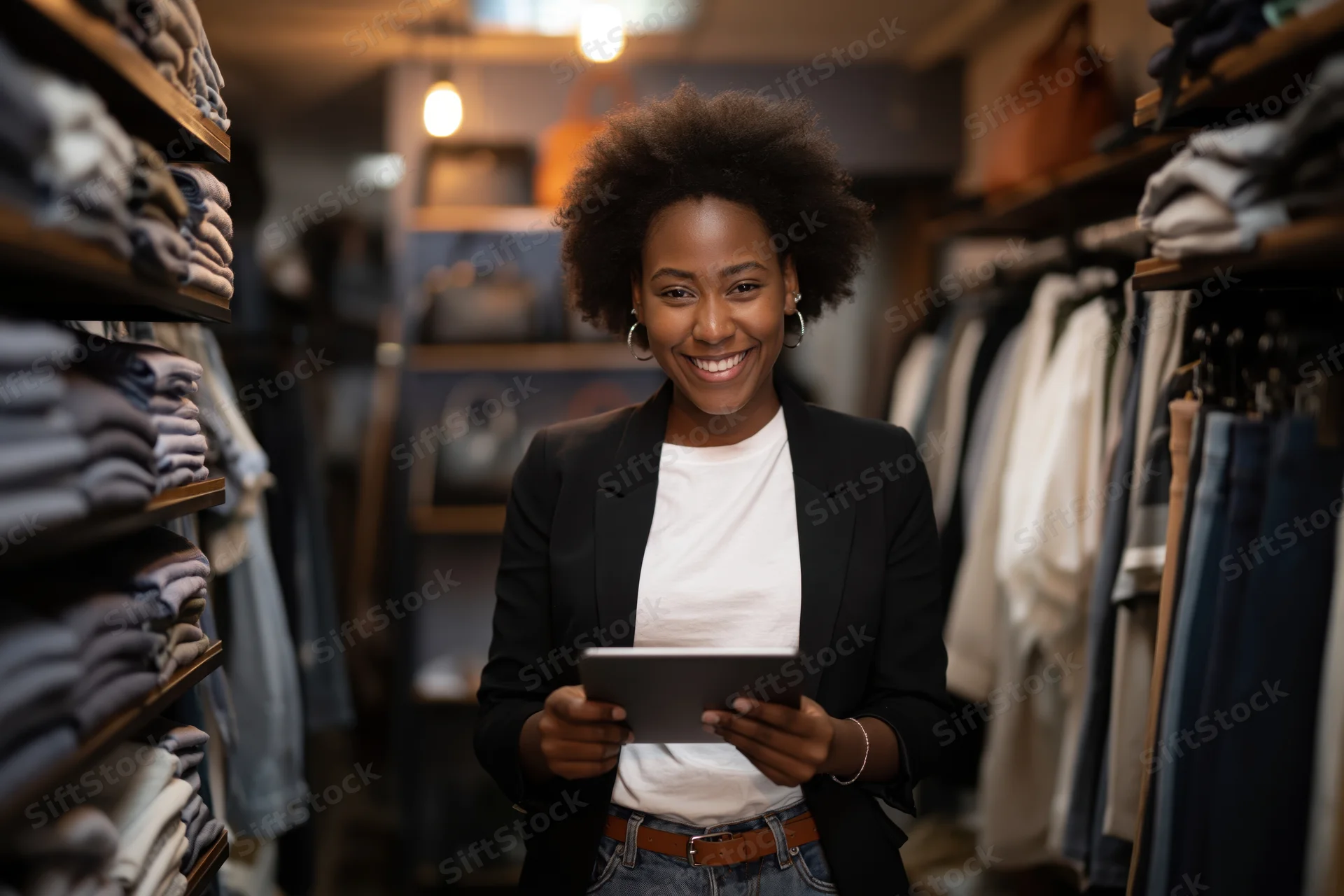 Smiling black woman holding tablet in clothing store aisle