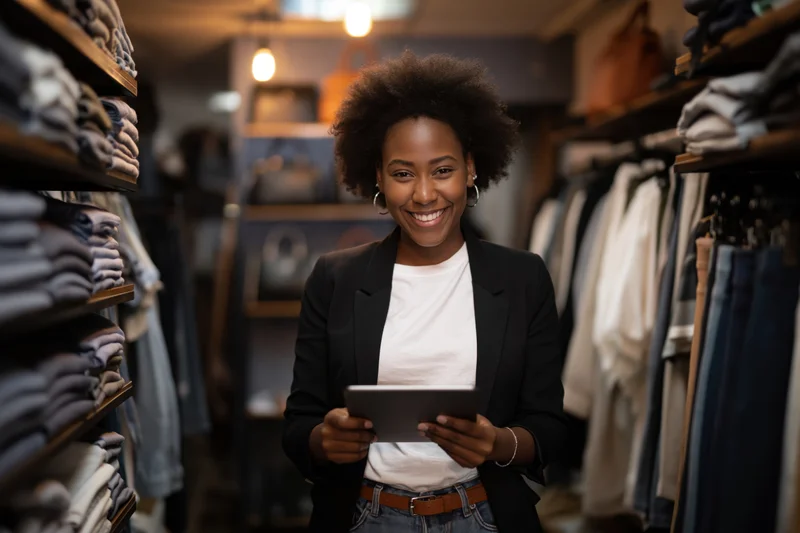 Smiling black woman holding tablet in clothing store aisle
