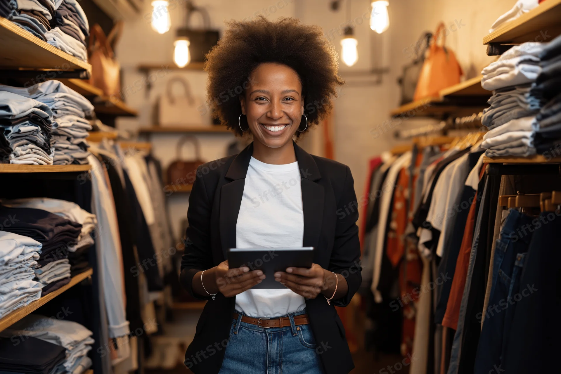 Smiling black woman holding tablet in clothing store aisle