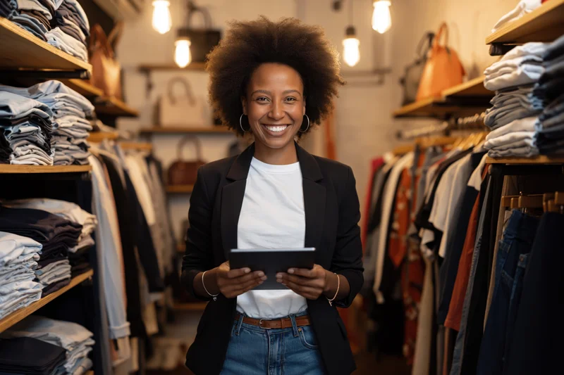 Smiling black woman holding tablet in clothing store aisle