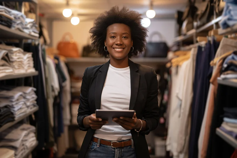 Black woman with afro holding tablet smiling in clothing store