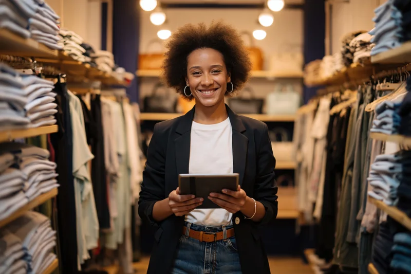 Smiling black woman holding tablet in clothing store aisle