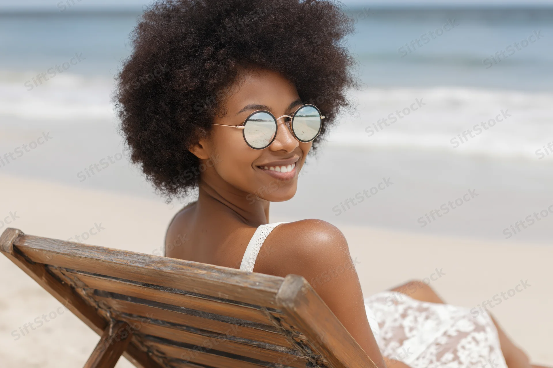 Young black woman smiling while relaxing on wooden lounge chair at beach