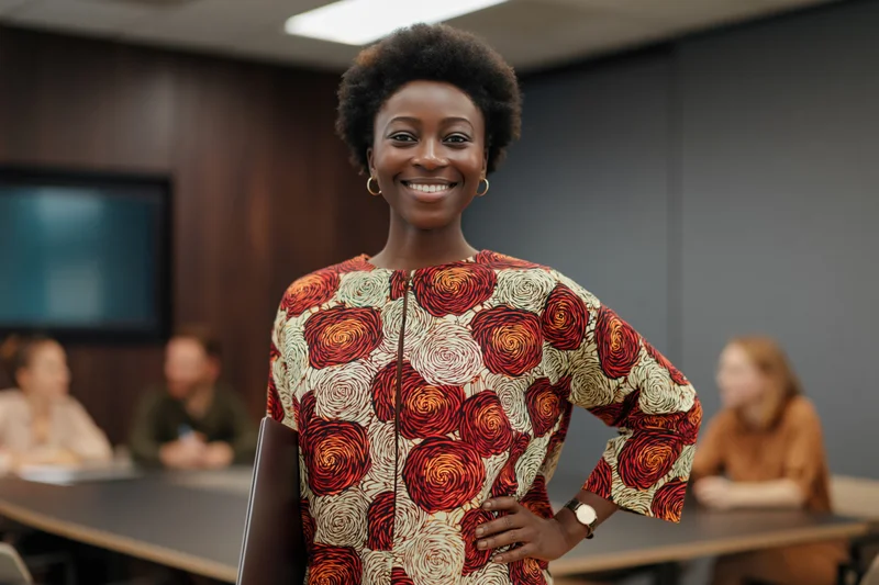 Black woman smiling confidently with hand on hip in modern office meeting room