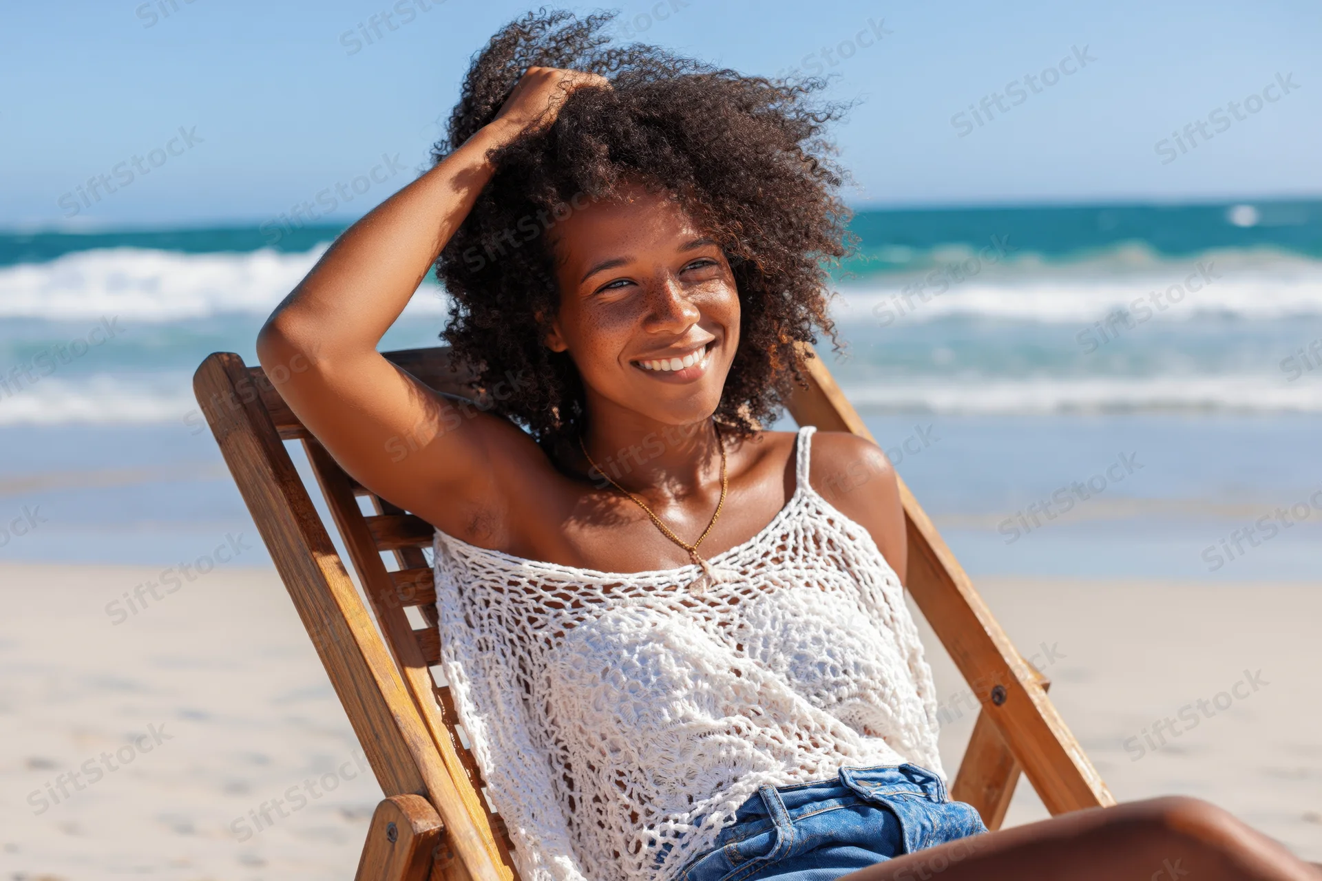 Young black woman smiling while sitting in a wooden deckchair on a sunny beach