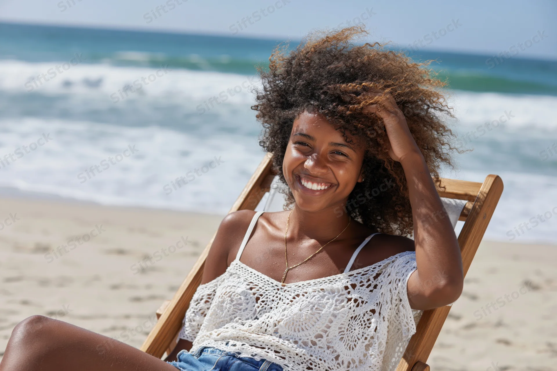 Young black woman smiling while sitting in a wooden deckchair on a sandy beach near the ocean