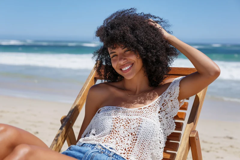 Young black woman smiling while sitting in a wooden deckchair on a sunny beach