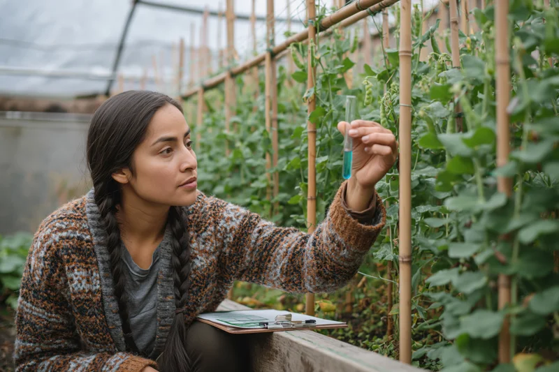 Woman scientist examining blue liquid in test tube beside pea plants in greenhouse