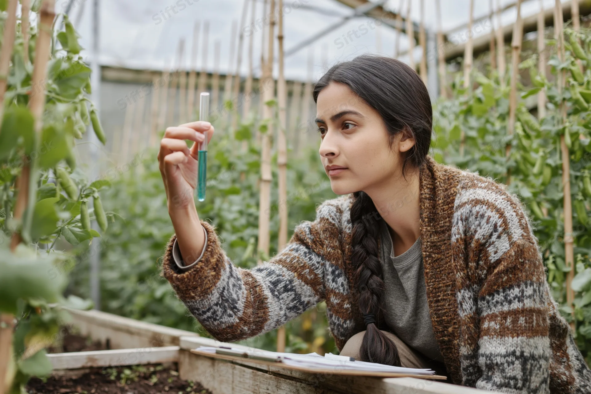 Young latina woman examining a test tube with blue liquid while crouching beside a raised garden bed in a greenhouse
