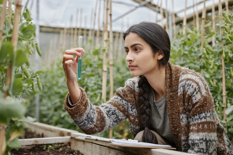 Young latina woman examining a test tube with blue liquid while crouching beside a raised garden bed in a greenhouse