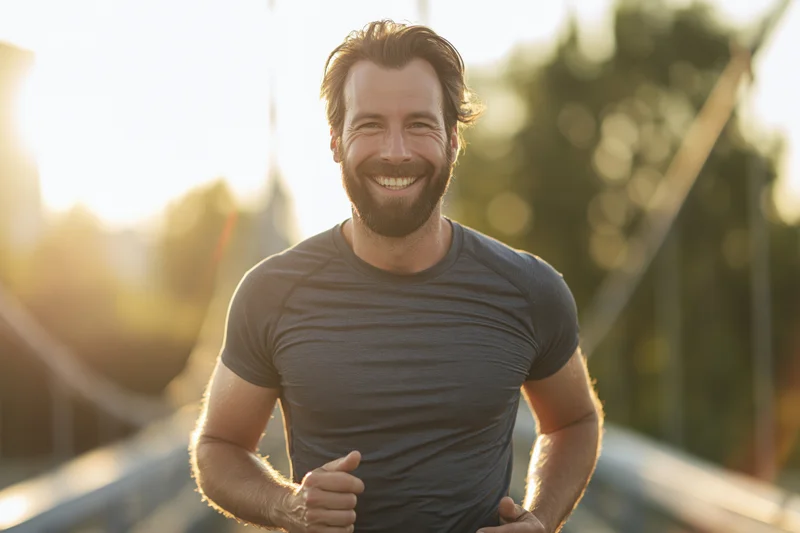 Bearded man jogging across city bridge smiling at camera