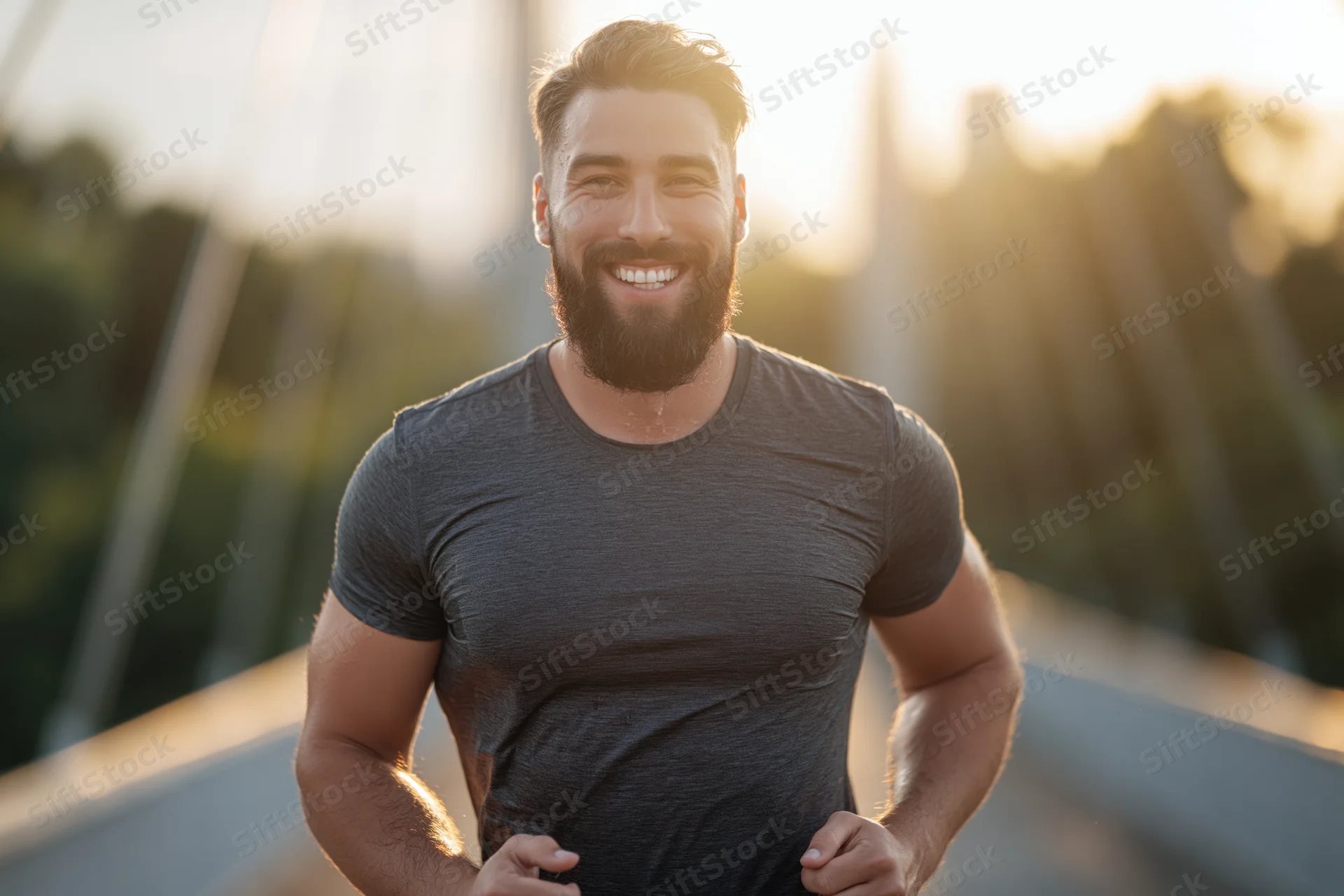 Young bearded man jogging across city bridge smiling at camera